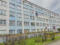 Budynek mieszkalny z wieloma oknami, niektóre z zasłonami, inne otwarte, z widocznymi roślinami przed budynkiem.
