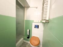 Toaleta z kabiną prysznicową i zielonymi płytkami ceramicznymi