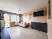 Salon z kanapą, telewizorem i wyjściem na balkon — mieszkanie Łódź-Bałuty 51 m²