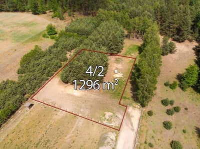 Widok z lotu ptaka na prostokątną zalesioną działkę zaznaczoną na czerwono, oznaczoną 4/2, o powierzchni 1296 m², otoczoną drzewami i otwartymi terenami trawiastymi, z drogą gruntową - idealną dla osób poszukujących działki na sprzedaż Skotniki - łódzkie. biuro nieruchomości