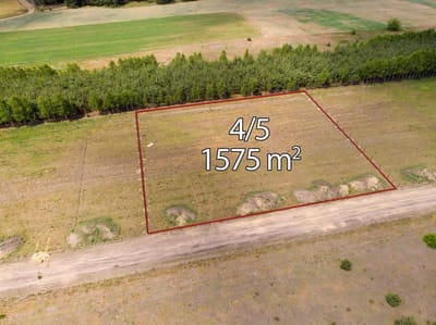 Widok z lotu ptaka na prostokątną działkę zaznaczoną na czerwono, oznaczoną numerem 4/5 o powierzchni 1575 m², graniczącą z drogą gruntową i drzewami. Idealna wśród działek na sprzedaż Skotniki - łódzkie, z trawiastymi polami w spokojnej okolicy. biuro nieruchomości