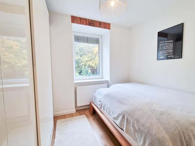 Mała, jasna sypialnia w mieszkaniu na sprzedaż Łódź Śródmieście Tuwima, z pojedynczym łóżkiem z jasnoszarym kocem, białym dywanem, drewnianą podłogą, szarym oknem z zielonym widokiem, szafą po lewej stronie i grafiką na ścianie. biuro nieruchomości