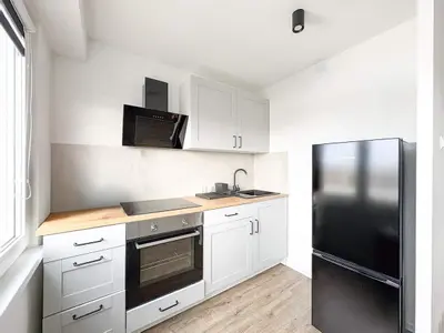 Nowoczesna kuchnia z szarymi szafkami, drewnianym blatem i czarną lodówką — Zduńska Wola