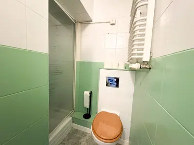 Toaleta z kabiną prysznicową i zielonymi płytkami ceramicznymi