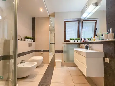 Łazienka z bidetem, prysznicem i białą szafką podumywalkową