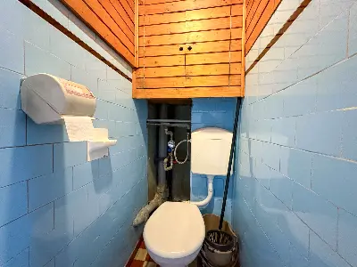 Wydzielona toaleta z niebieskimi kafelkami i drewnianym sufitem