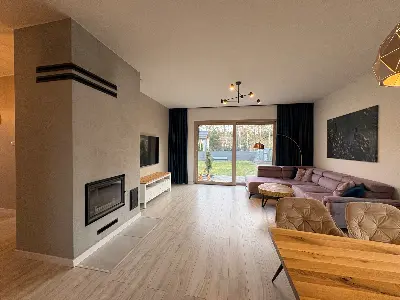 Salon z kominkiem elektrycznym i drzwiami balkonowymi wychodzącymi na ogród — Księstwo