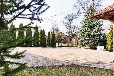 Utwardzony podjazd brukowy z tujami i drzewami iglastymi — Swędów łódzkie