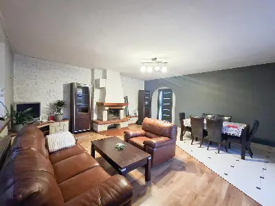 Salon z kominkiem i zestawem skórzanych kanap, widok na jadalnię — Swędów