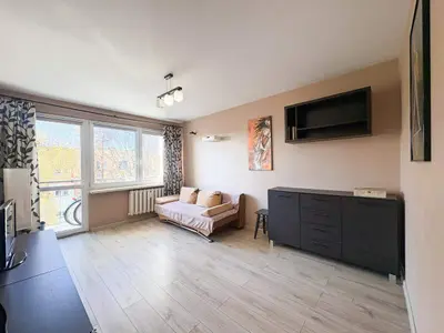 Salon z kanapą, telewizorem i wyjściem na balkon — mieszkanie Łódź-Bałuty 51 m²
