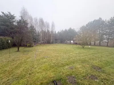 Duży ogród z trawnikiem, drzewami i alejką przy domu w Brogach