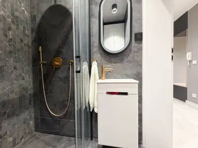 Toaleta z prysznicem i złotą armaturą — mieszkanie w centrum Łodzi