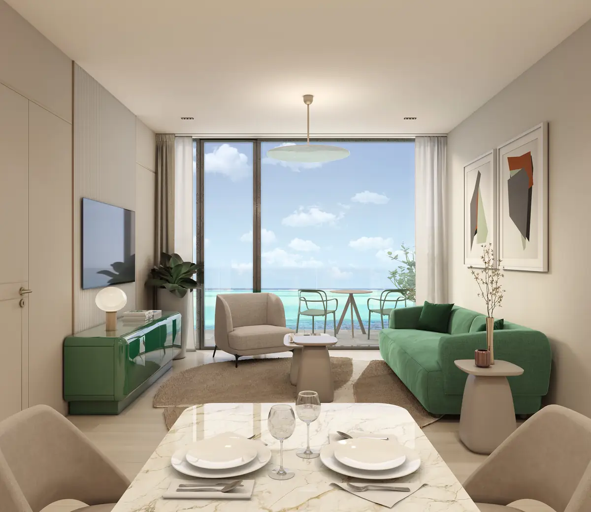 Salon apartamentu z jedną sypialnią, stół i sofa przy oknie