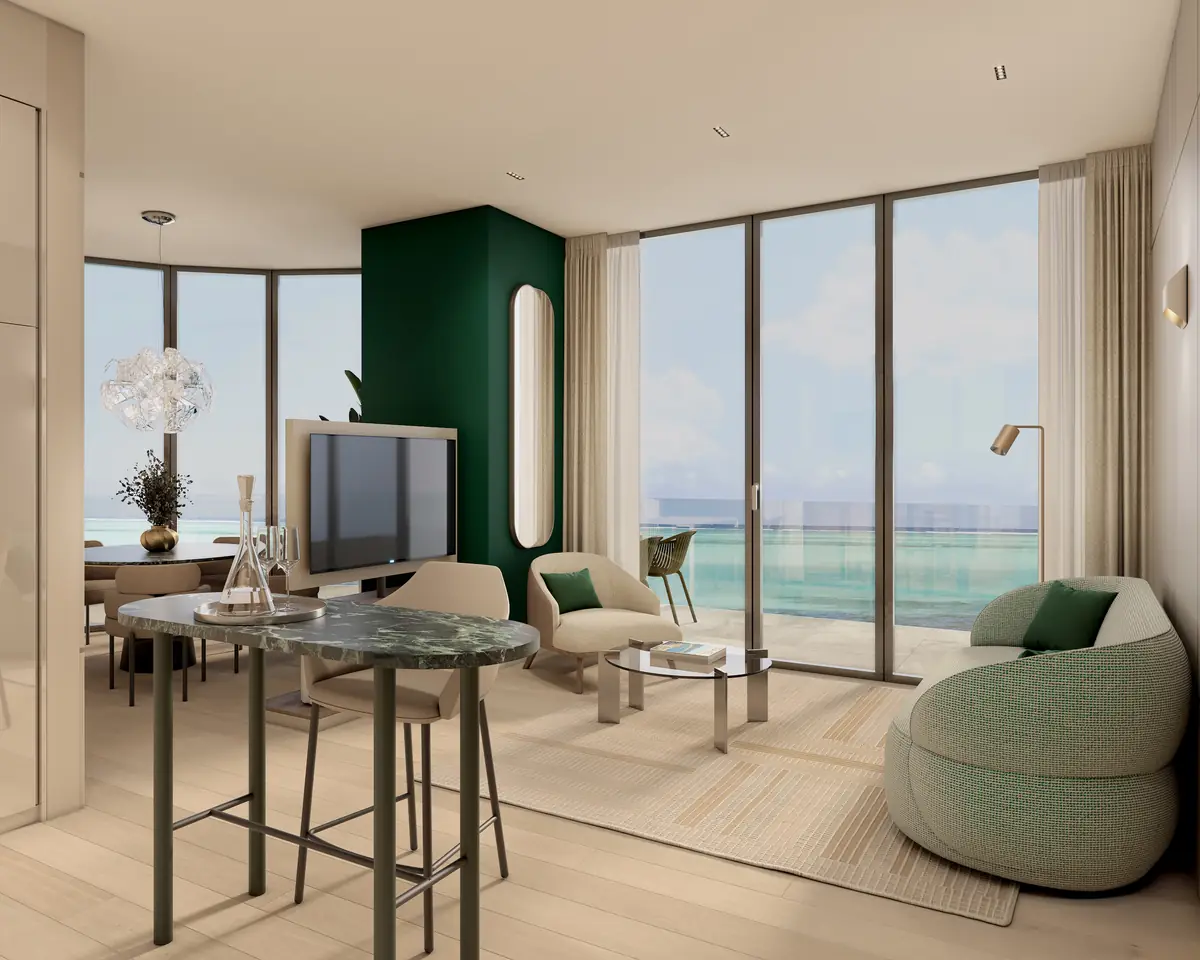 Salon apartamentu z dwiema sypialniami z przeszklonymi ścianami