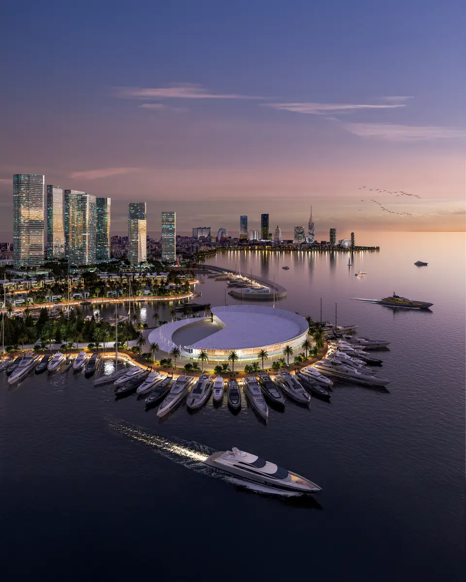 Wizualizacja Ambassadori Island w Batumi o zmierzchu