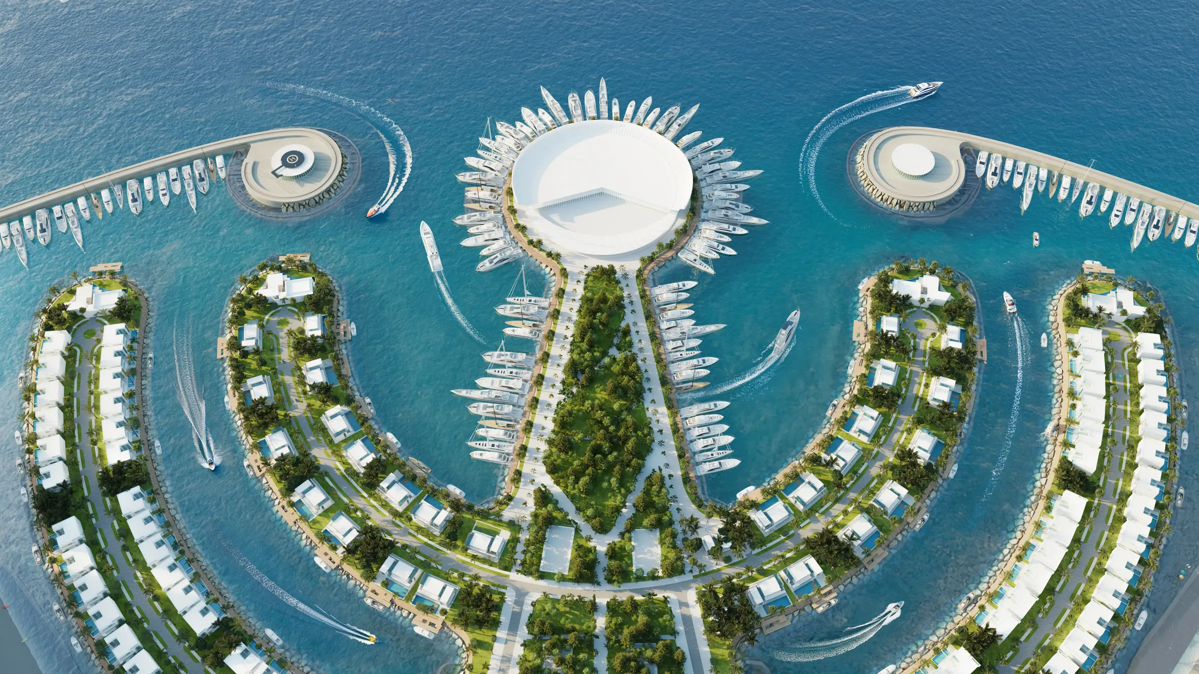 Wizualizacja Ambassadori Island z góry: marina z jachtami, pas zieleni i nabrzeża